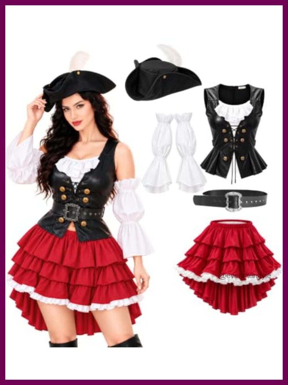 Pirate Costume 5 Piece Set Faux Leather Corset Skirt Hat Cosplay Halloween